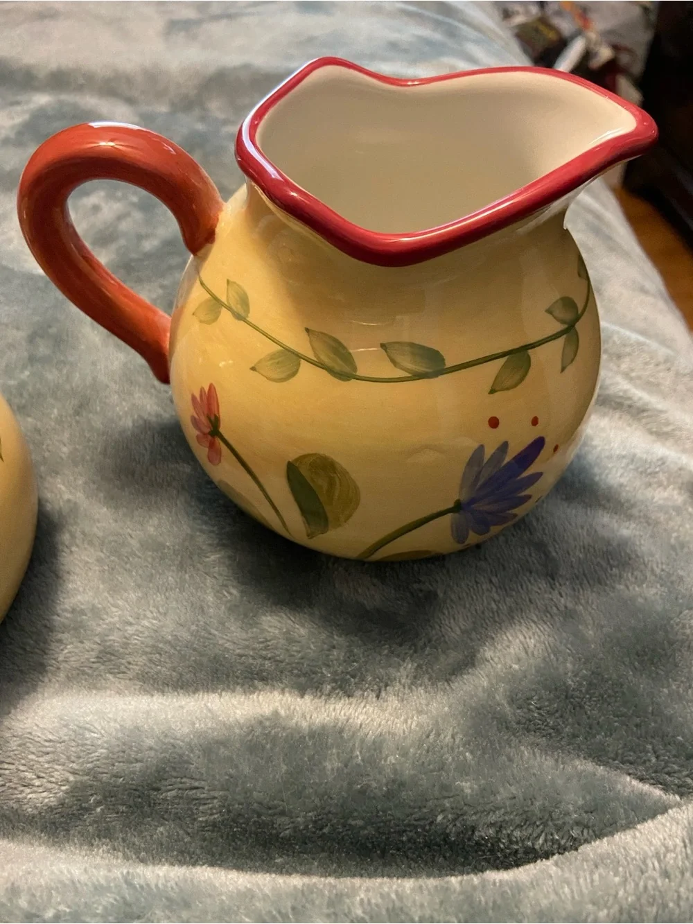 Pfaltzgraff Yellow Floral Creamer and Sugar Set with Red Trim
